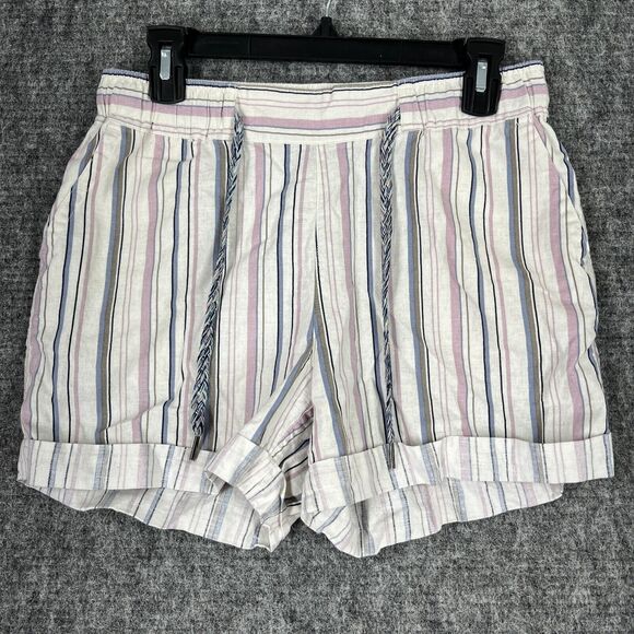 EDDIE BAUER SHORTS WOMENS SMALL‎ STRIPED LINEN BLEND CUFFED LOUNGE BAGGY - Picture 1 of 11